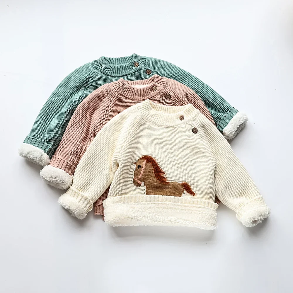 MILANCEL Winter New Cartoon Kids Baby Sweaters Fur Lining Kids Knitwear Fleece Boys Pullover Coat - Imagen 2